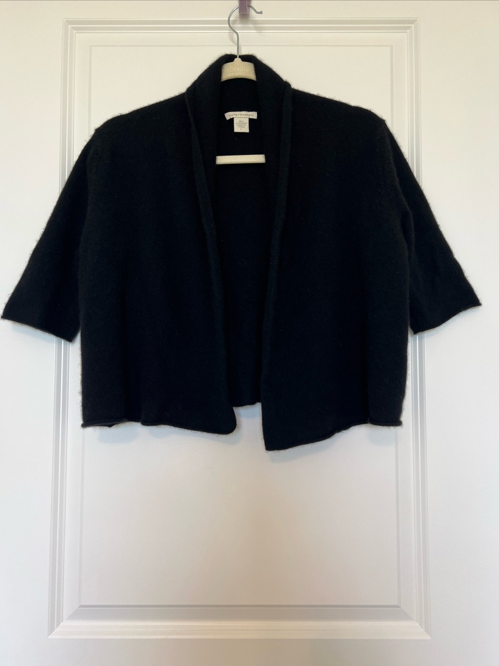 White + Warren soft cashmere Black Open-Front Short Sleeve Cardigan L